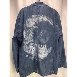 Castro Vintage Distressed Jean Jacket With Crescent Moon Cityscape Graphic XL